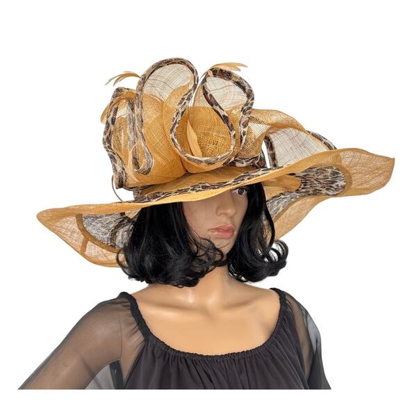 CC exclusives Big straw wide brimmed hat animal print Big bow and feather - Picture 1 of 16
